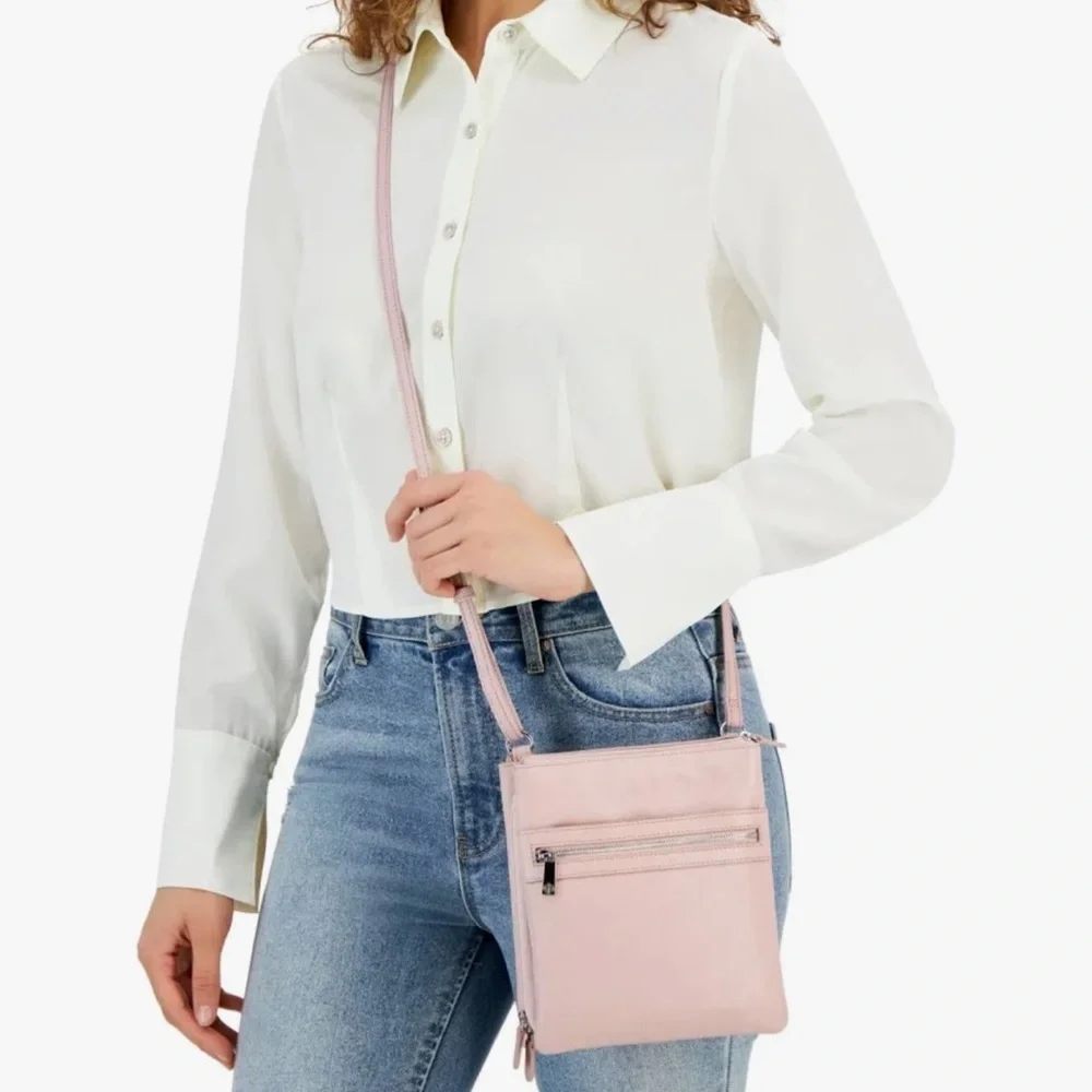 NEW Women's Gianni Bernini Pink Rose Triple Zip Dasher Leather Crossbody - Picture 4 of 12